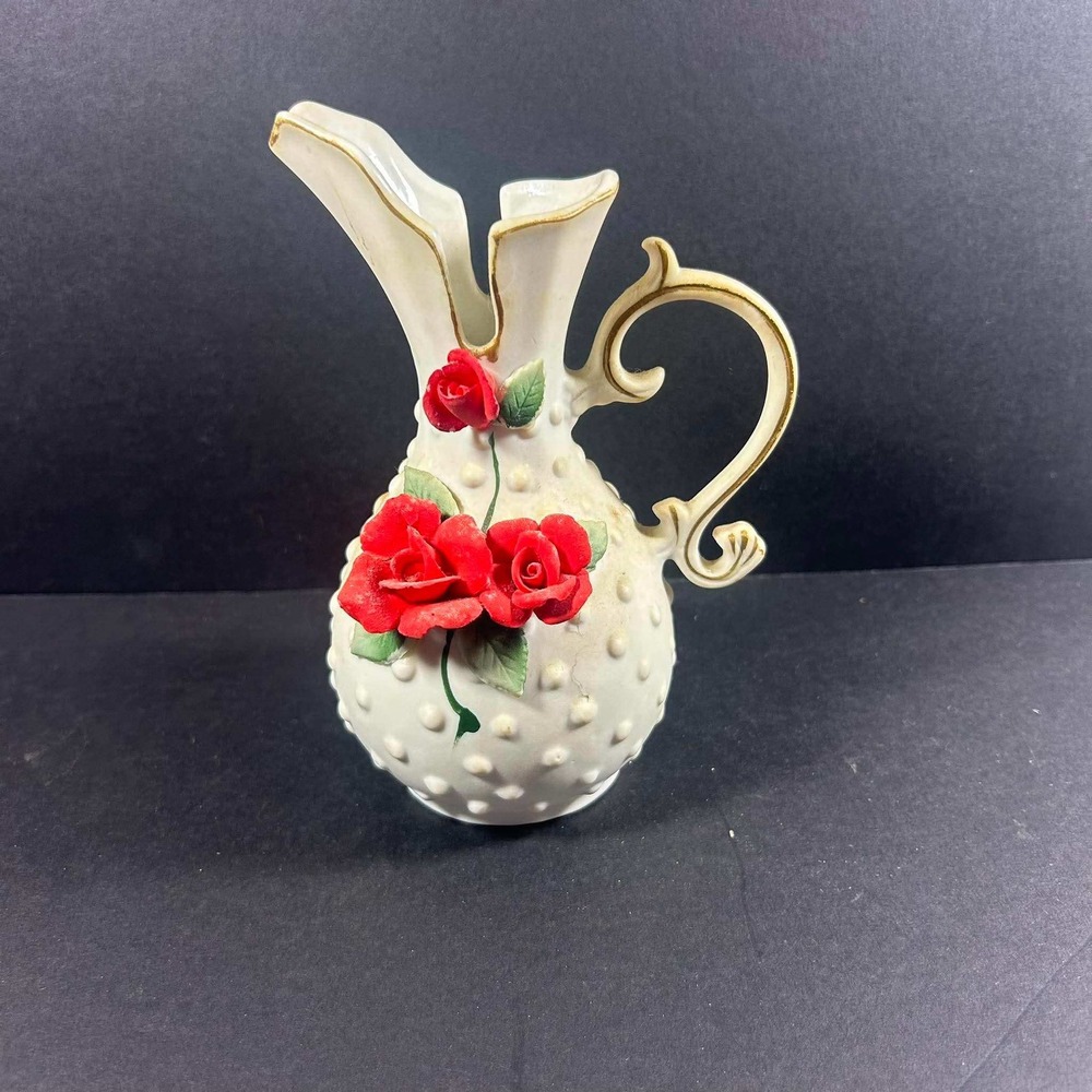 Pitcher Cream Red Rose Hobnail Porcelain Ewer PR-30G